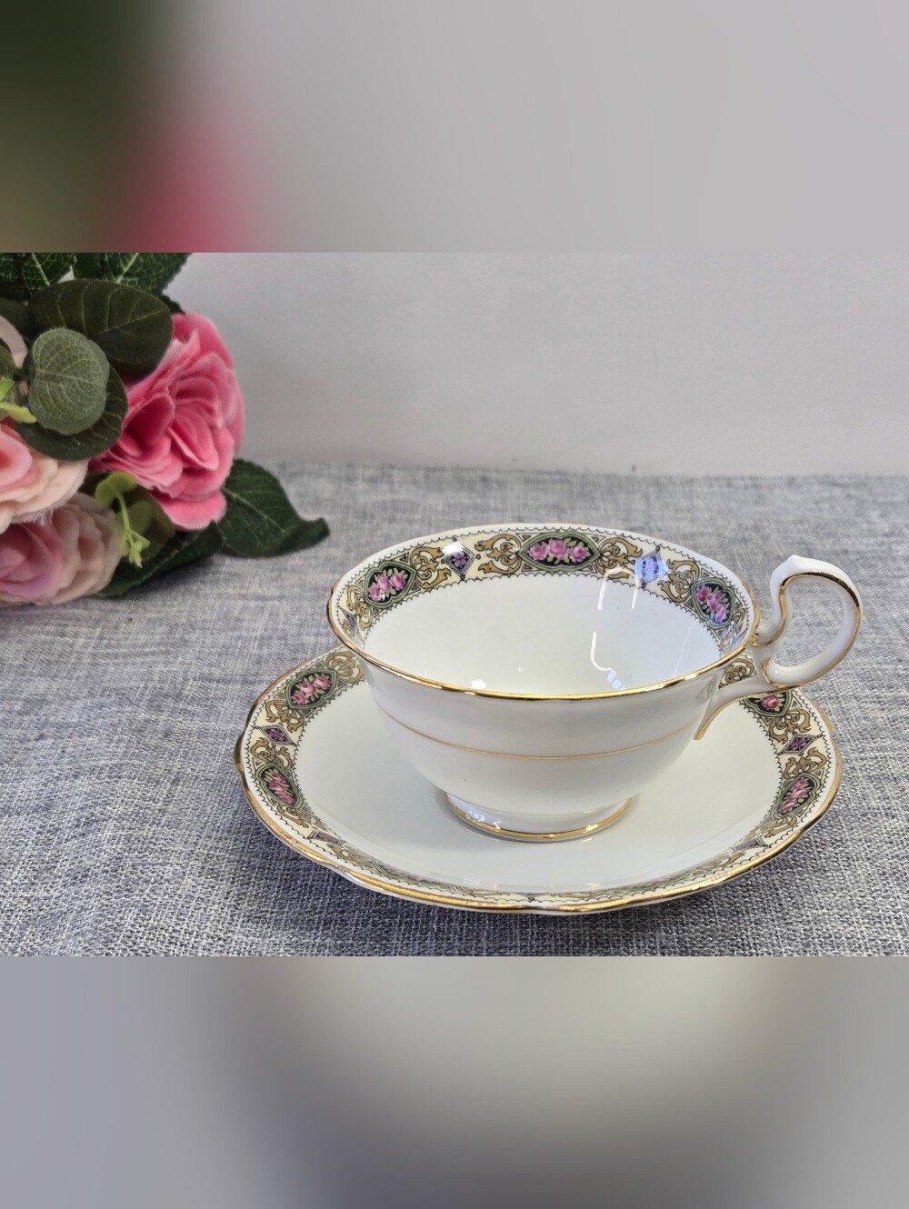 Vintage Aynsley Teacup and Saucer Floral & Golden Band Pattern Bone China Eng